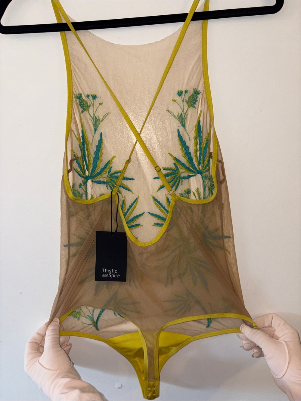 Thistle and Spire Sheer Embroidered Mesh Bodysuit in Tan and Green- XL - Picture 3 of 7